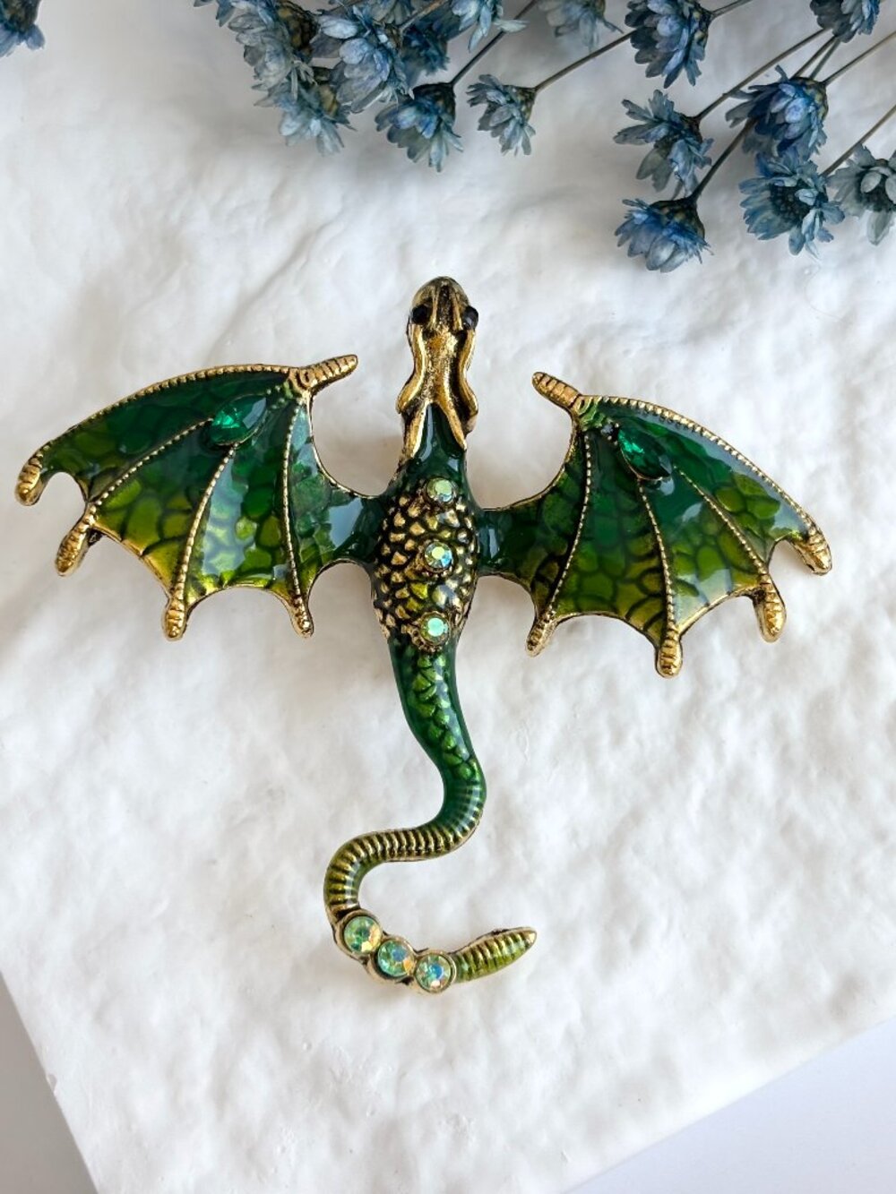 Dragon Figural Green Enameled Rhinestone Accented Gold Toned Brooch Pin
